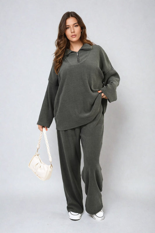 Half Zipper Long Sleeve Top and Trouser Co-ord Set