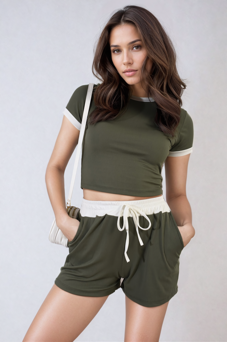 Co-ord Short and Crop Top Set Contrast Rib Knit