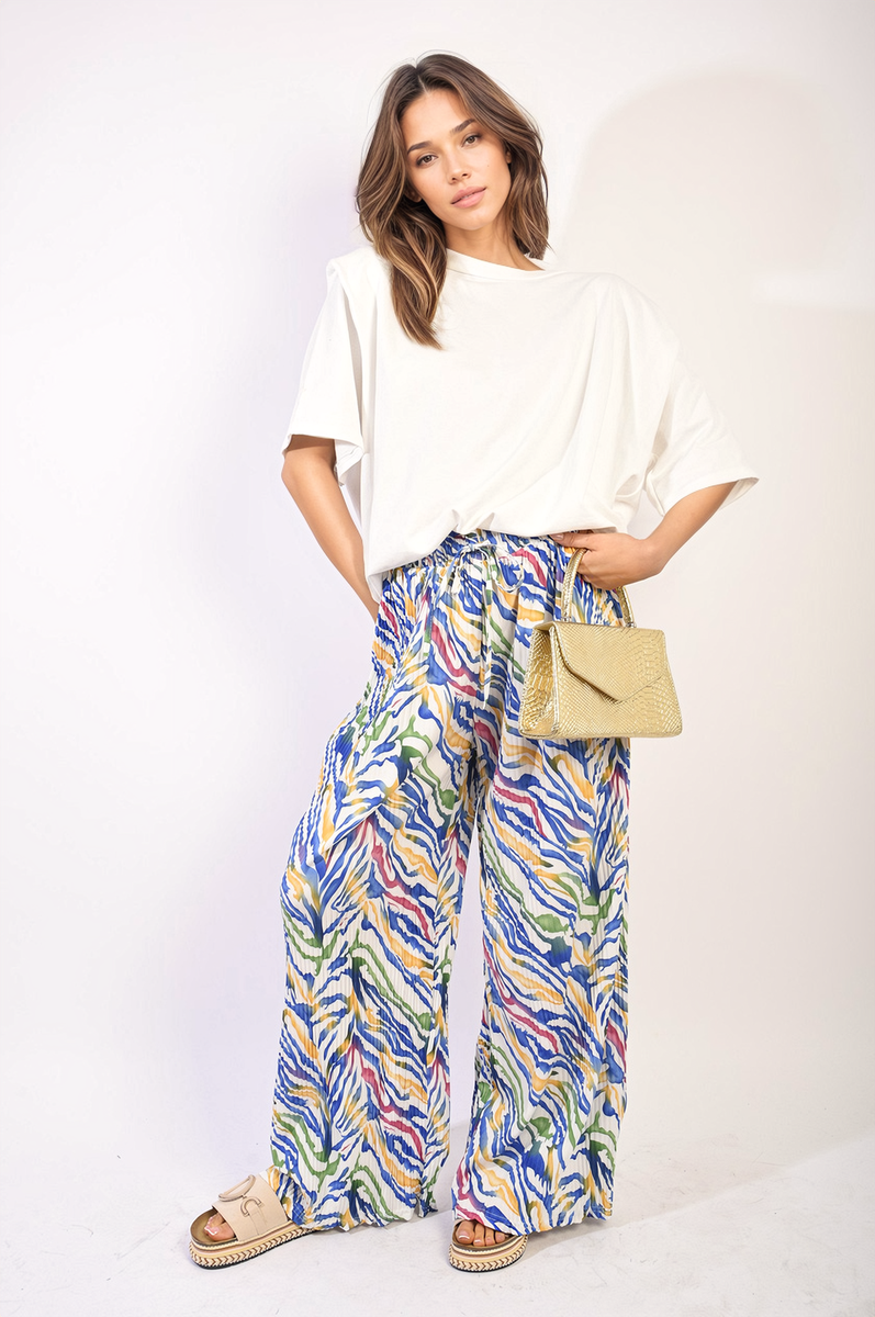 Pleated Wide Leg and Elastic Waist Trousers