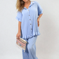 Button Pleated Frill Ruffle Top and Wide Leg Trouser Co-ord Set