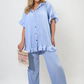 Button Pleated Frill Ruffle Top and Wide Leg Trouser Co-ord Set