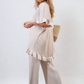 Button Pleated Frill Ruffle Top and Wide Leg Trouser Co-ord Set