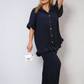 Button Pleated Frill Ruffle Top and Wide Leg Trouser Co-ord Set