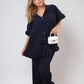 Button Pleated Frill Ruffle Top and Wide Leg Trouser Co-ord Set