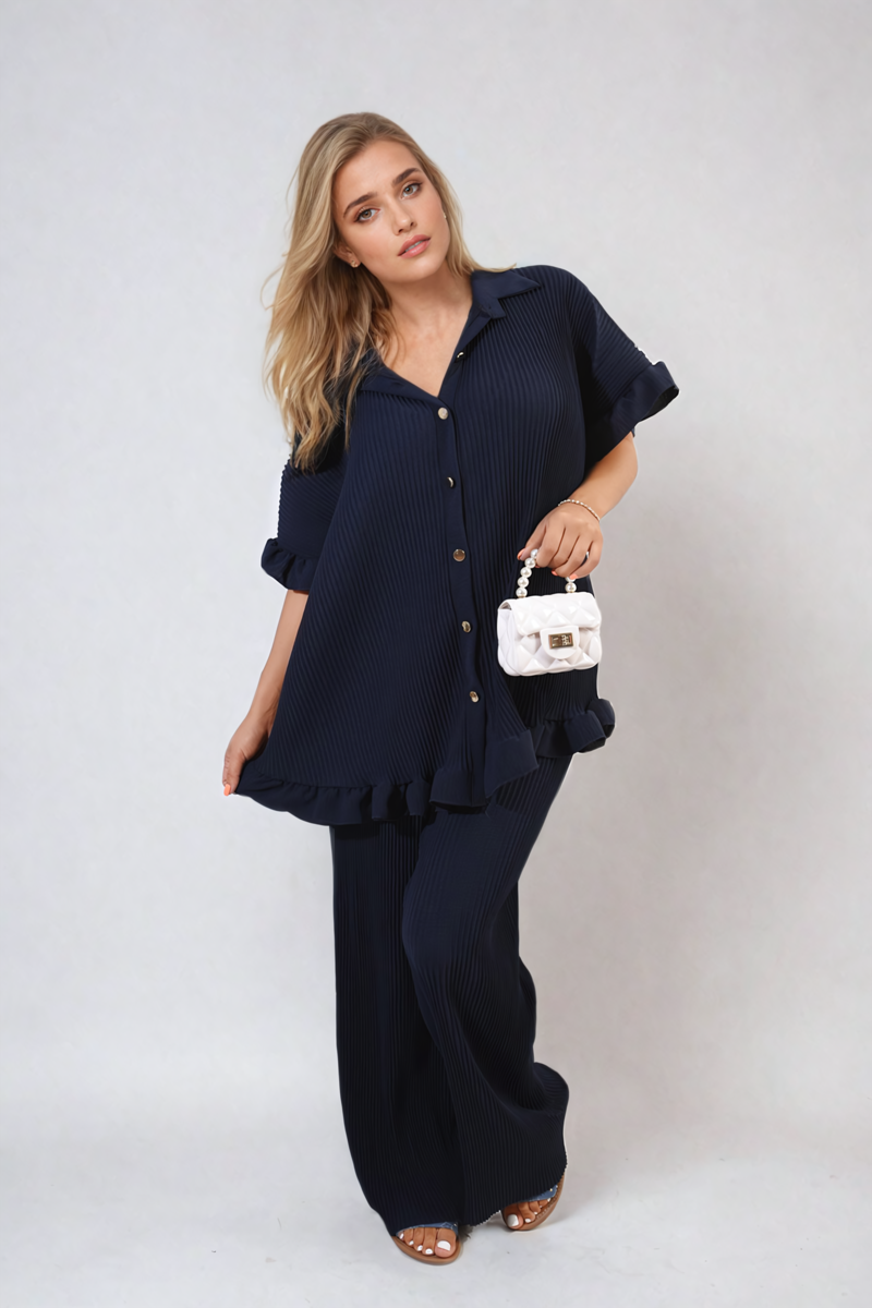 Button Pleated Frill Ruffle Top and Wide Leg Trouser Co-ord Set - BB Fashion Outlet