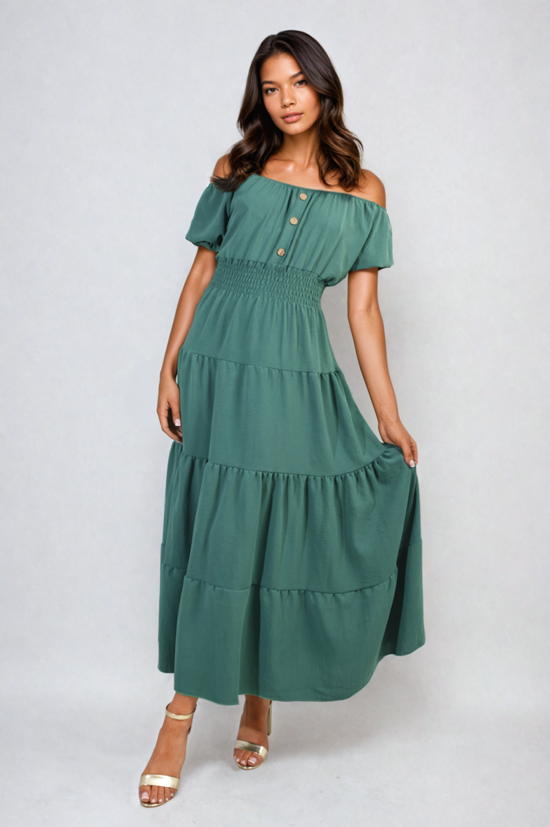 Smocked Waist Tiered Midi Dress - BB Fashion Outlet