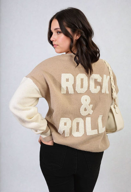 Round Neck Rock & Roll Print Knitted Jumper