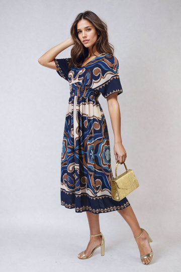 Ruched Printed V-Neck Short Sleeve Midi Dress - BB Fashion Outlet