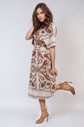 Ruched Printed V-Neck Short Sleeve Midi Dress - BB Fashion Outlet