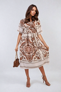 Ruched Printed V-Neck Short Sleeve Midi Dress - BB Fashion Outlet