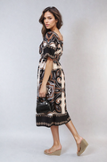 Ruched Printed V-Neck Short Sleeve Midi Dress - BB Fashion Outlet