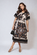 Ruched Printed V-Neck Short Sleeve Midi Dress - BB Fashion Outlet