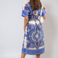 Ruched Printed V-Neck Short Sleeve Midi Dress