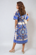 Ruched Printed V-Neck Short Sleeve Midi Dress - BB Fashion Outlet