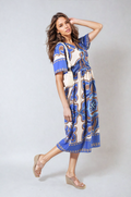 Ruched Printed V-Neck Short Sleeve Midi Dress - BB Fashion Outlet