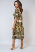 Ruched Printed V-Neck Short Sleeve Midi Dress - BB Fashion Outlet