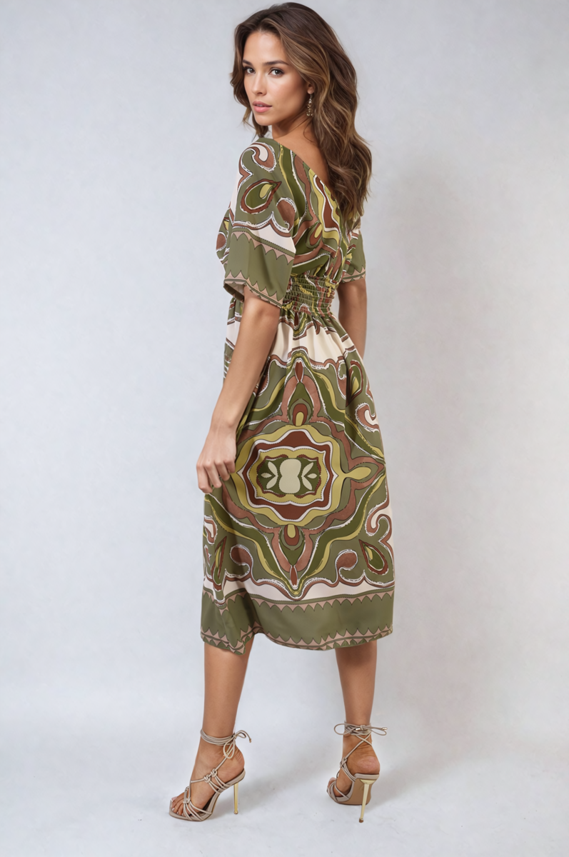 Ruched Printed V-Neck Short Sleeve Midi Dress