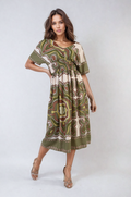 Ruched Printed V-Neck Short Sleeve Midi Dress - BB Fashion Outlet