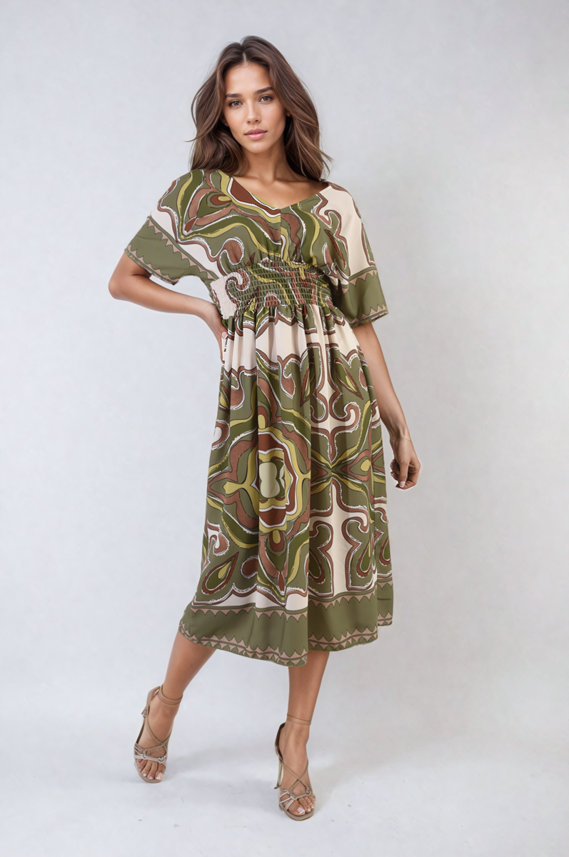 Ruched Printed V-Neck Short Sleeve Midi Dress