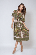 Ruched Printed V-Neck Short Sleeve Midi Dress - BB Fashion Outlet