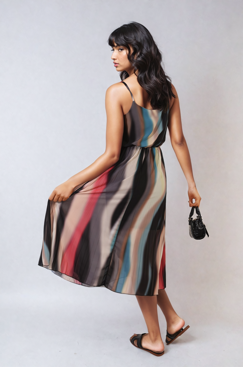 Multi Coloured Print Pleated Strappy Midi Dress