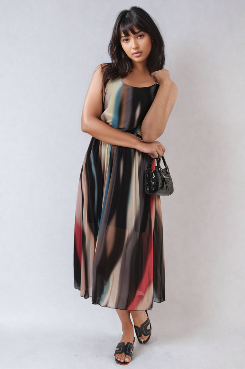 Multi Coloured Print Pleated Strappy Midi Dress