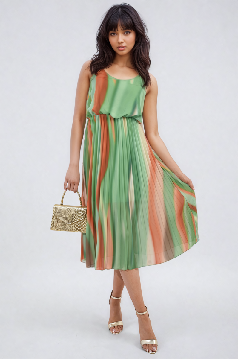 Multi Coloured Print Pleated Strappy Midi Dress