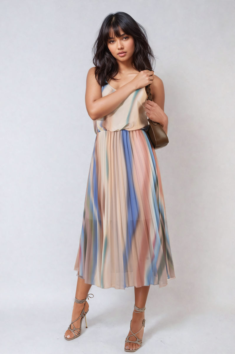 Multi Coloured Print Pleated Strappy Midi Dress