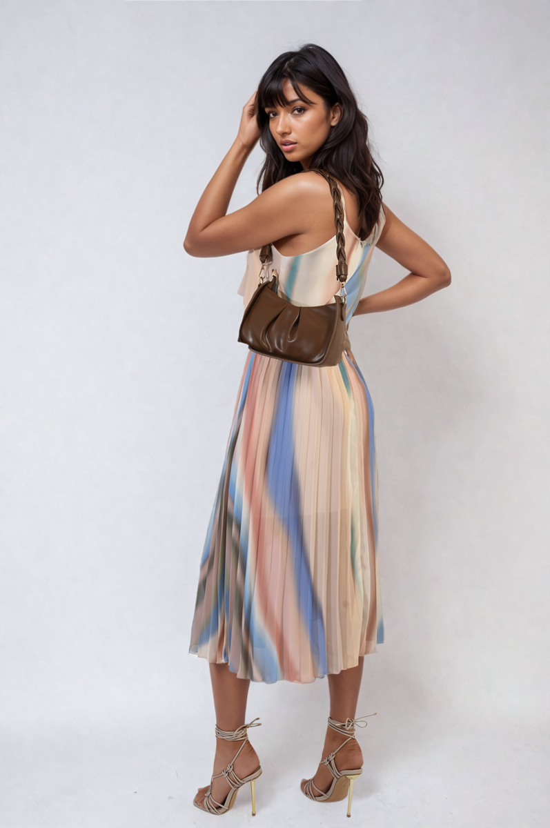 Multi Coloured Print Pleated Strappy Midi Dress