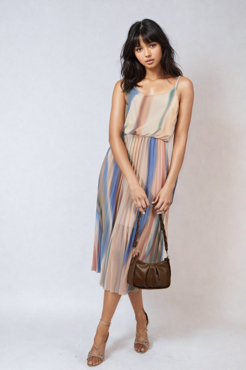 Multi Coloured Print Pleated Strappy Midi Dress