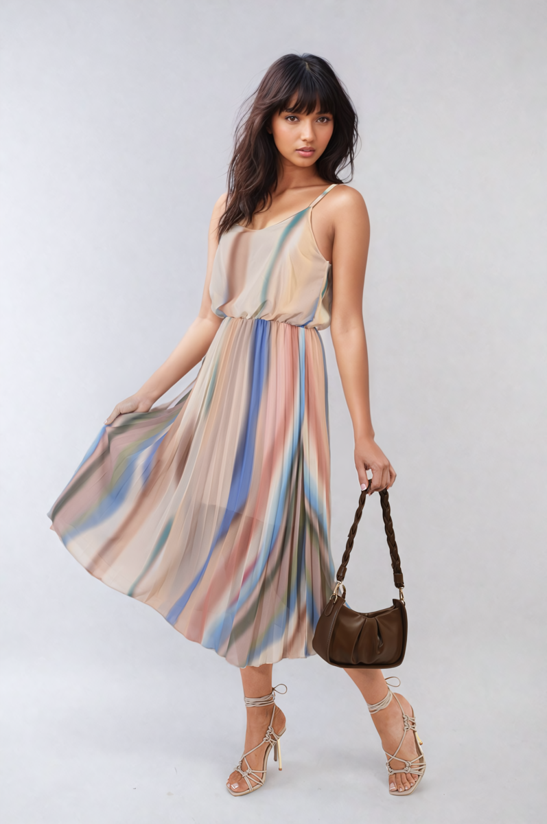 Multi Coloured Print Pleated Strappy Midi Dress