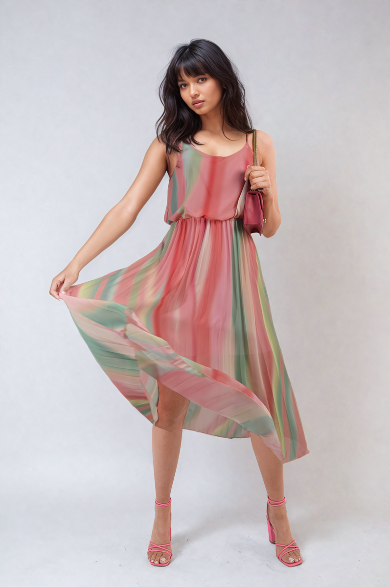 Multi Coloured Print Pleated Strappy Midi Dress - BB Fashion Outlet