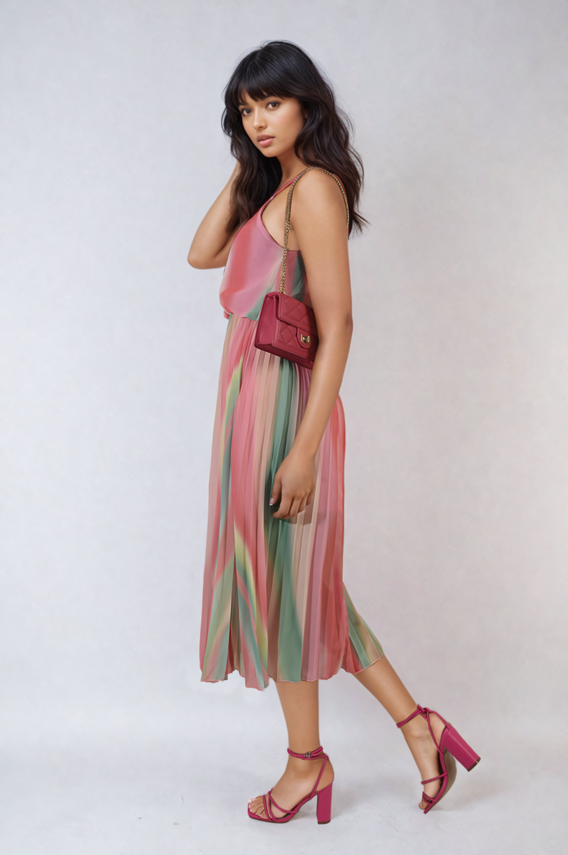 Multi Coloured Print Pleated Strappy Midi Dress