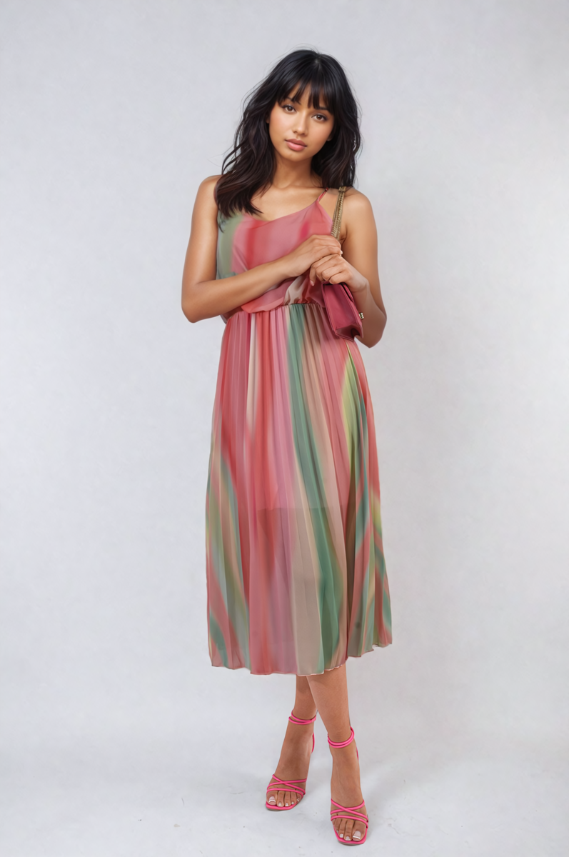 Multi Coloured Print Pleated Strappy Midi Dress - BB Fashion Outlet