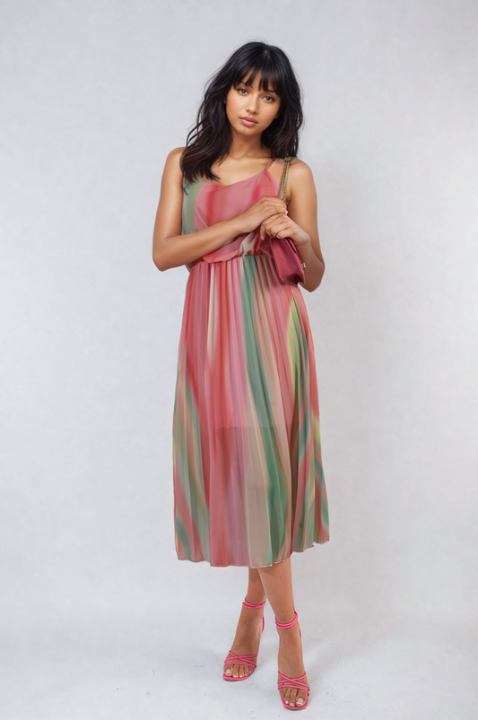 Multi Coloured Print Pleated Strappy Midi Dress