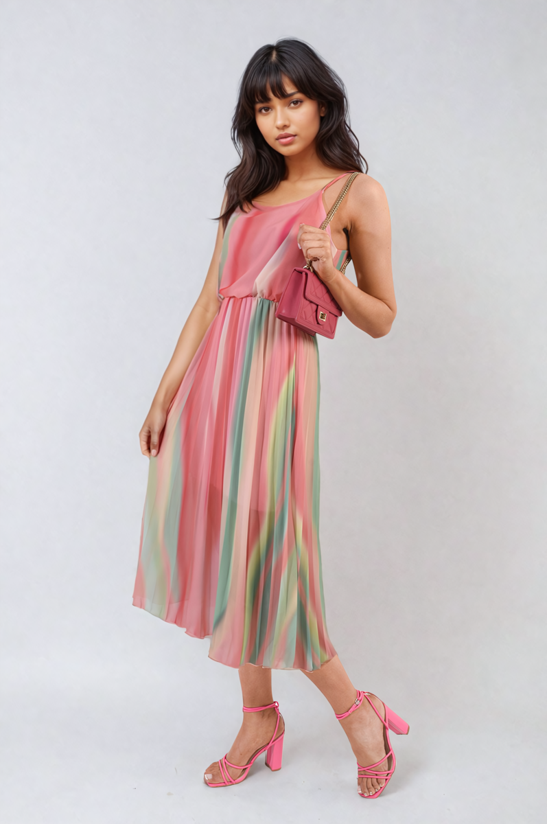 Multi Coloured Print Pleated Strappy Midi Dress