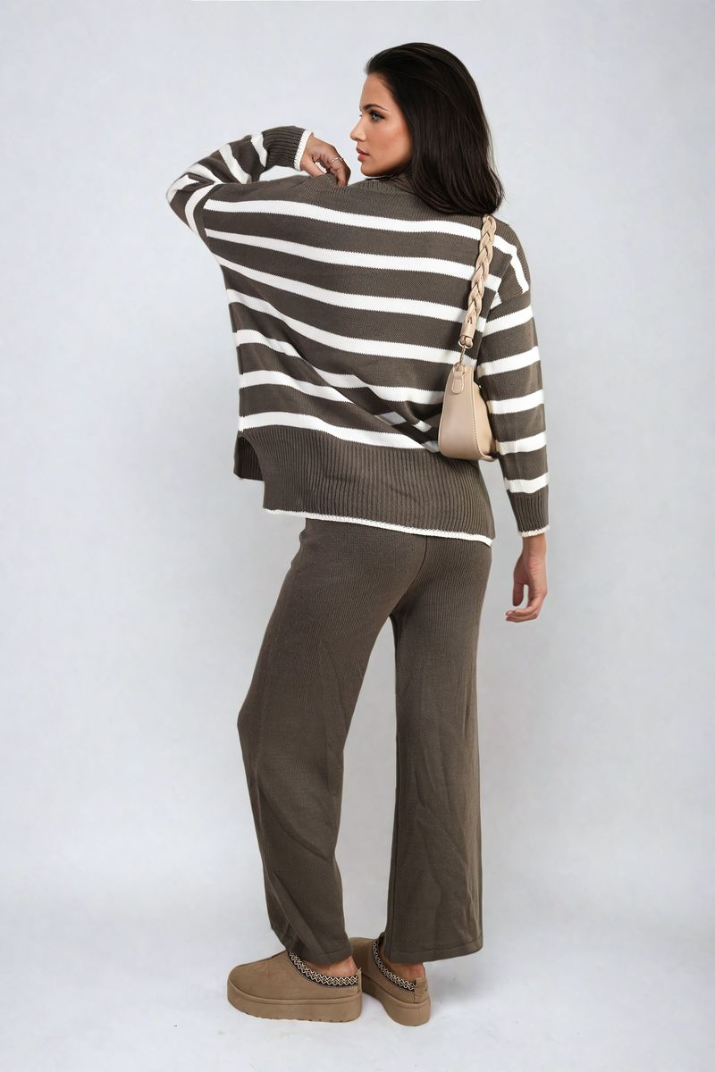 Knitted Striped Long Sleeve Top and  Pants Co-ord Set