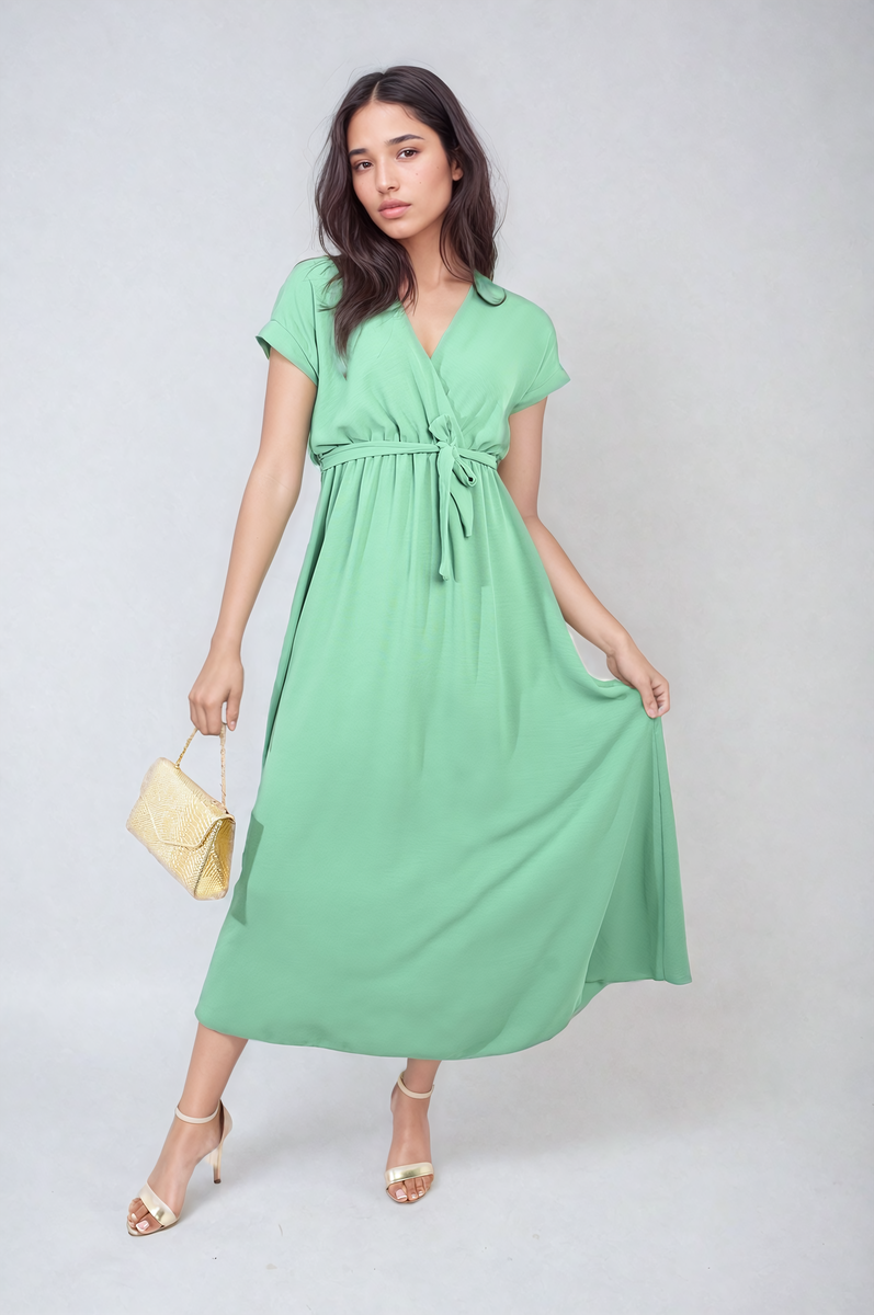 Wrap Tie Waist Short Sleeve Midi Dress - BB Fashion Outlet