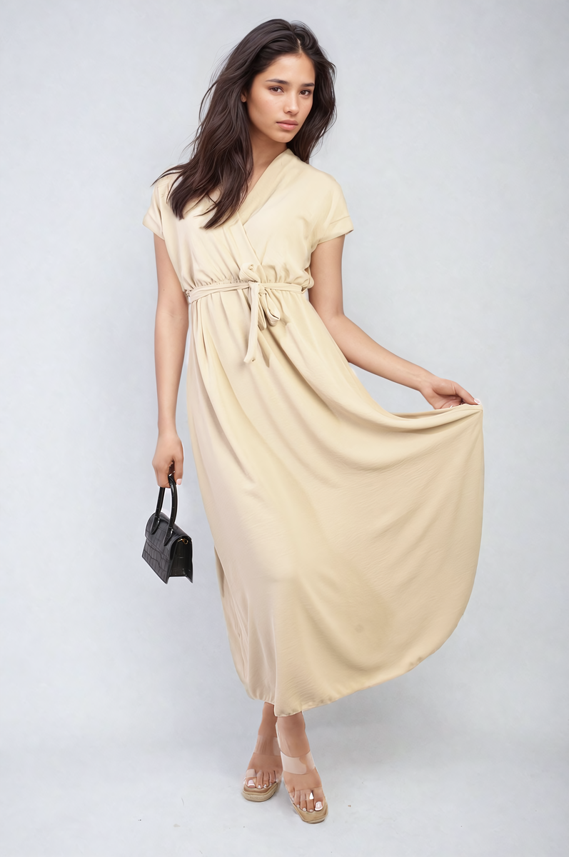 Wrap Tie Waist Short Sleeve Midi Dress