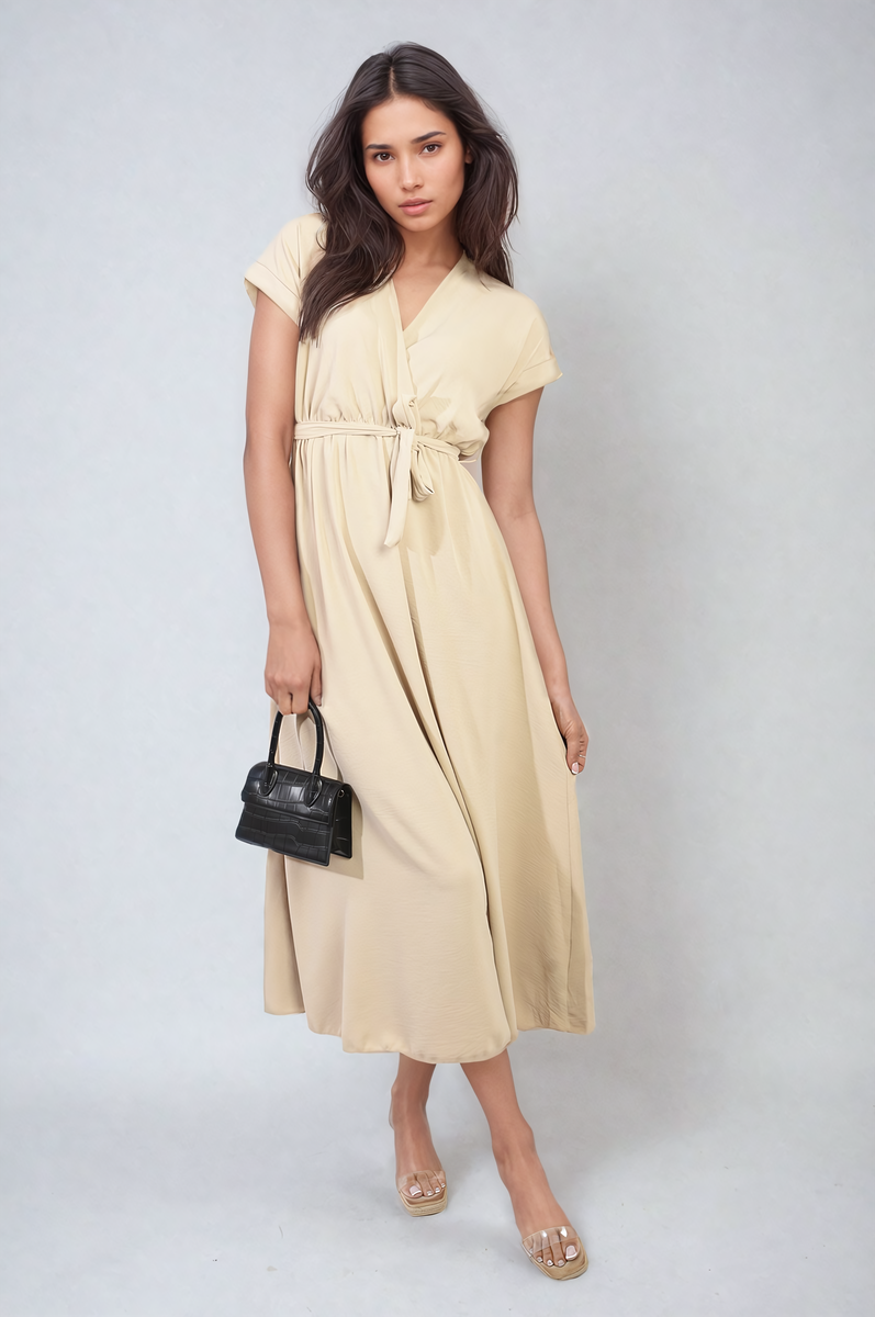 Wrap Tie Waist Short Sleeve Midi Dress