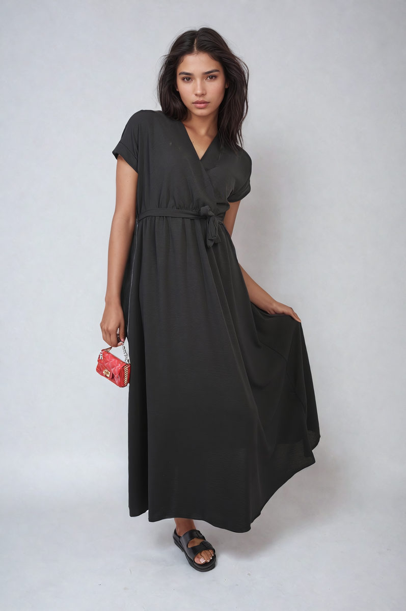 Wrap Tie Waist Short Sleeve Midi Dress