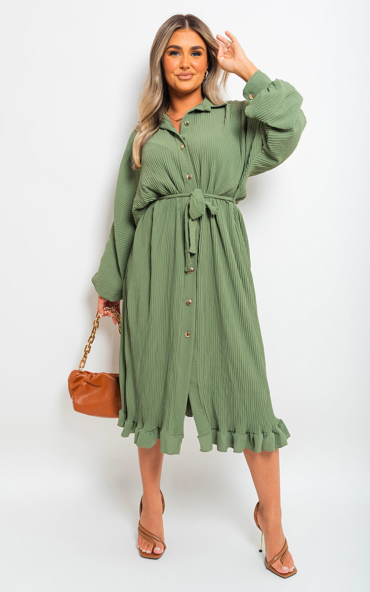 Pleated Frill Button Tie Waist Midi Dress