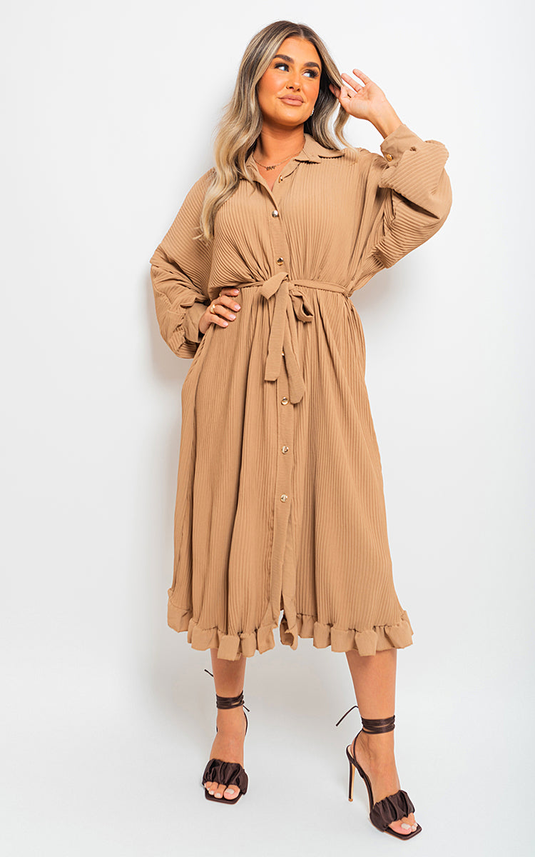 Pleated Frill Button Tie Waist Midi Dress - BB Fashion Outlet