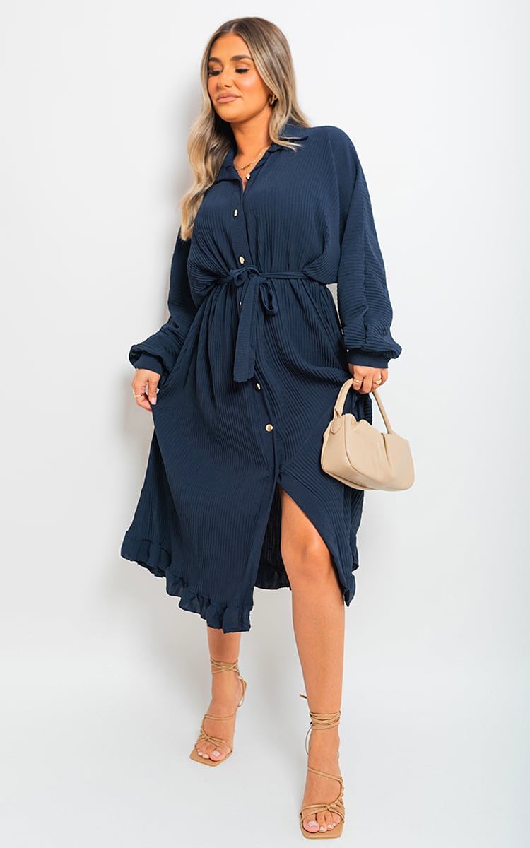 Pleated Frill Button Tie Waist Midi Dress