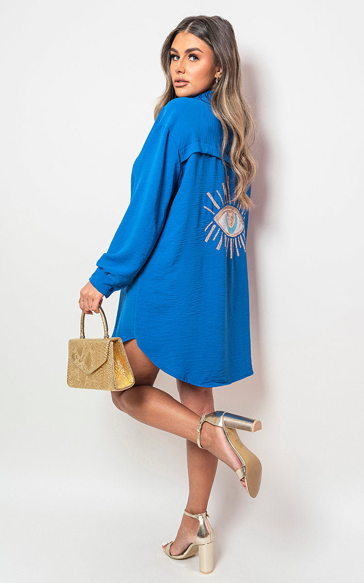 Oversized Long Sleeve Gold Sequin Eye Button Up Shirt