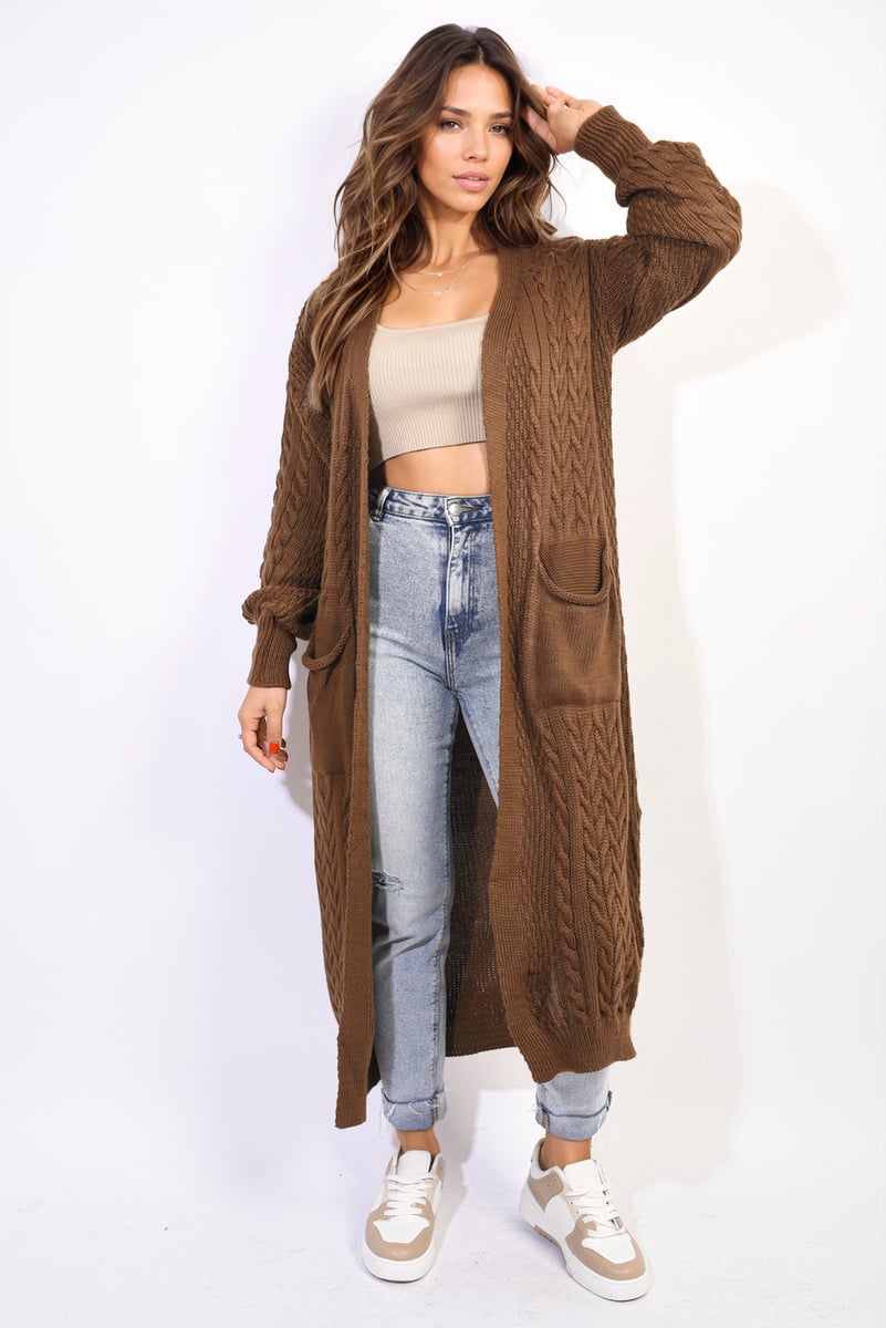 Front Open Long Knitted Cardigan with Front Pockets