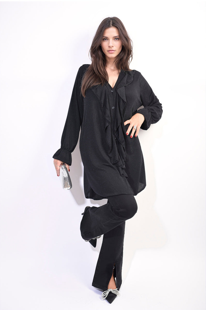 Oversized Satin Ruffle Shirt Dress - BB Fashion Outlet