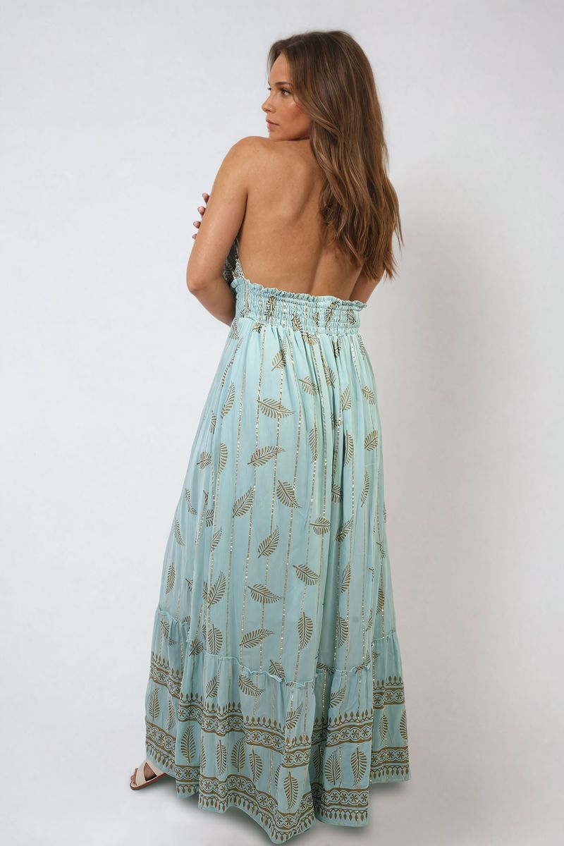 Dazzling Leaf Print Spaghetti Strap Maxi Dress - BB Fashion Outlet