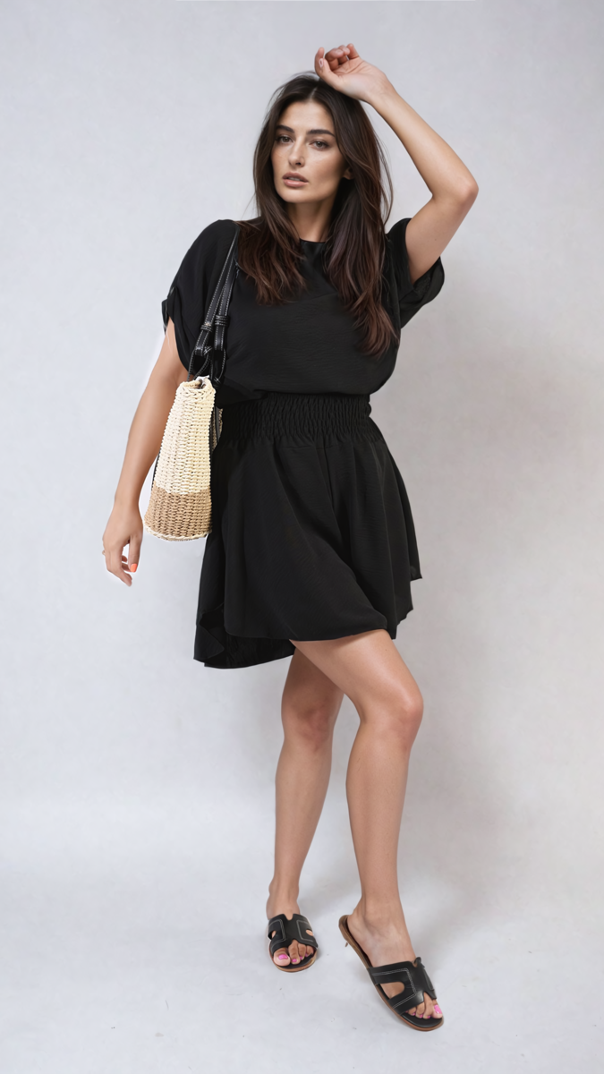 Roll Sleeve Top and Elastic Shirred Waistband and Shorts Co-ord Set