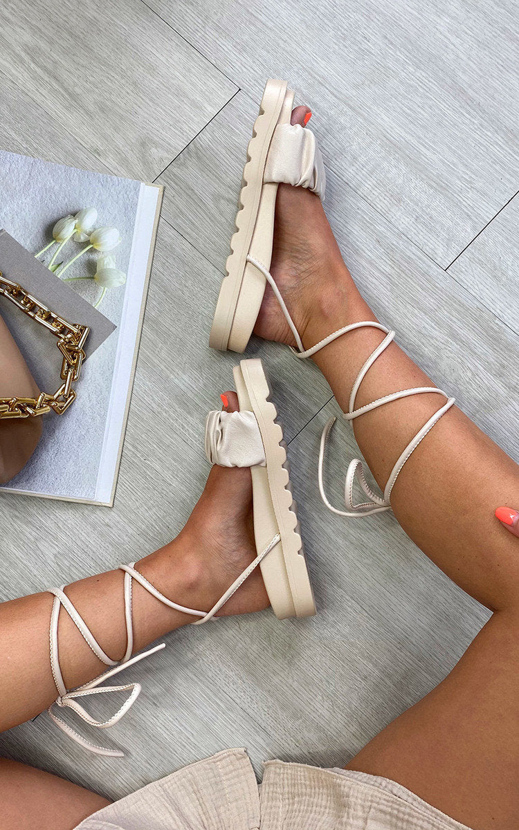 Faux Leather Lace Up Chunky Sandals